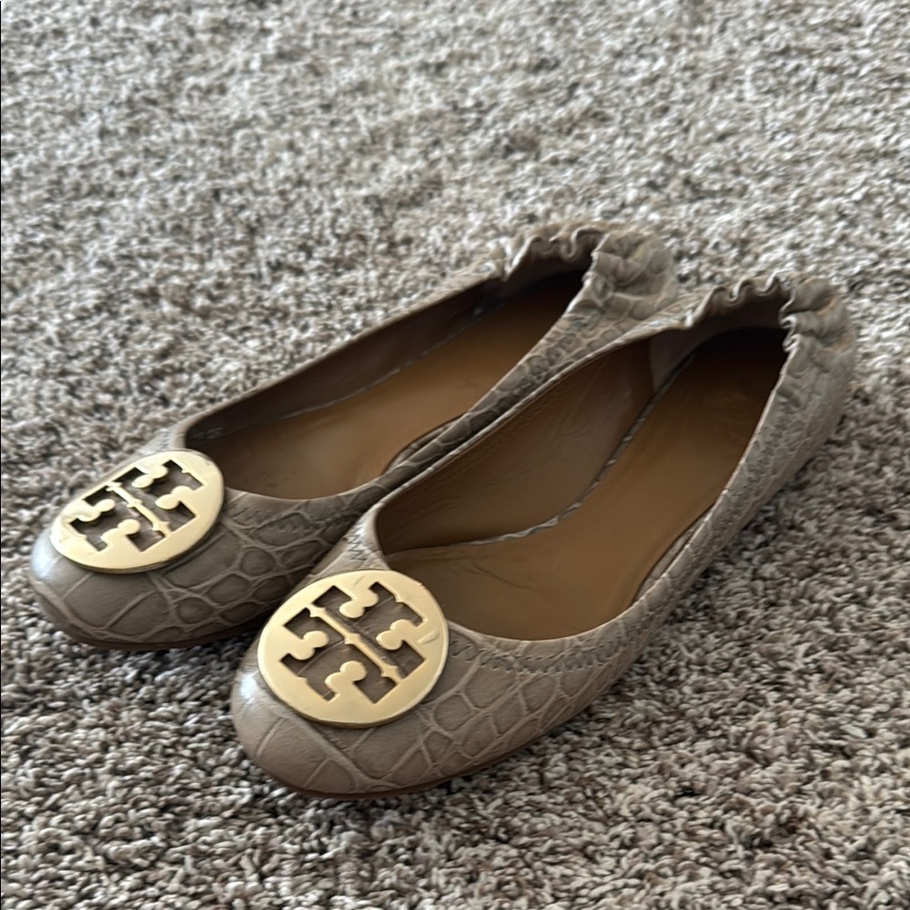 Tory Burch Tan Flats with Iconic Logo and Slip-On Design